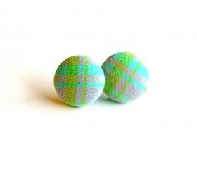 Purple, Green and Turquoise Plaid Button Earrings