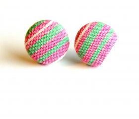 Green, Pink and White Striped Fabric Button Earrings