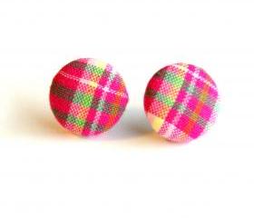 Pink Plaid Fabric Covered Button Earrings