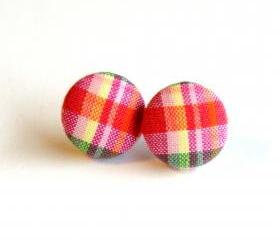 Orange Mixed Plaid Button Earrings