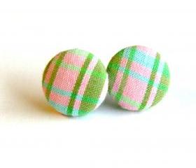 Light Pink Plaid fabric Button Earrings