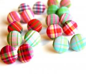Plaid Fabric Covered Button Earrings - Set of Six