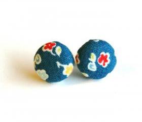 Blue with Flowers Fabric Button Earrings