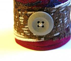 Burgundy and Lace Fabric Button Cuff Bracelet
