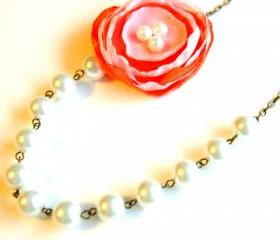 Pink and Orange Flower Beaded Necklace