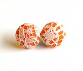 Orange and Ivory Lace Fabric Button Earrings