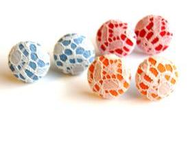 Ivory Lace Covered Button Stud Earring Set