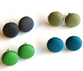 Black Tulle Fabric Covered Button Earrings - Set of Three