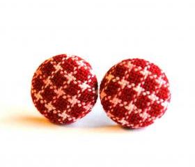 Dark Red Stripe Button Earrings