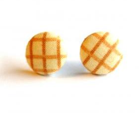 Tan Stripe Fabric Button Earrings
