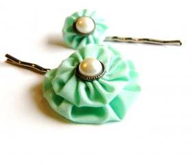 Mint Green Fabric Flower Bobby Pins