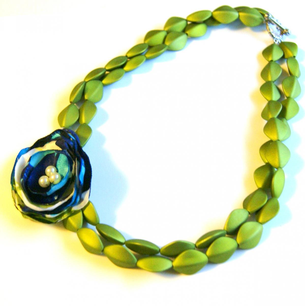 Lime Green Fabric Flower Beaded Necklace on Luulla