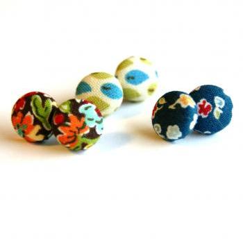 Colorful Flower and Leaf Fabric Button Studs - Set of Three
