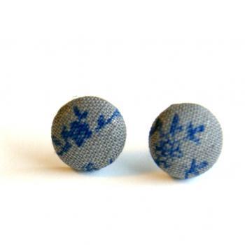 Royal Blue and Gray Fabric Stud Earrings