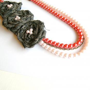 Pink Pearls with Chain and Fabric Rosettes