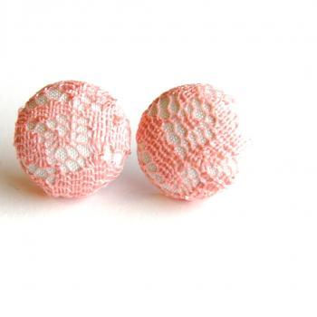 White and Pink Lace Fabric Button Stud Earrings