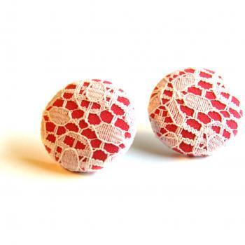 Pink and White Lace Button Stud Earrings - Large