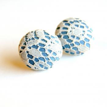 Light Blue and White Lace Button Stud Earrings-Large