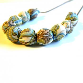 Ivory and Blue Paisley Fabric Wrapped Necklace